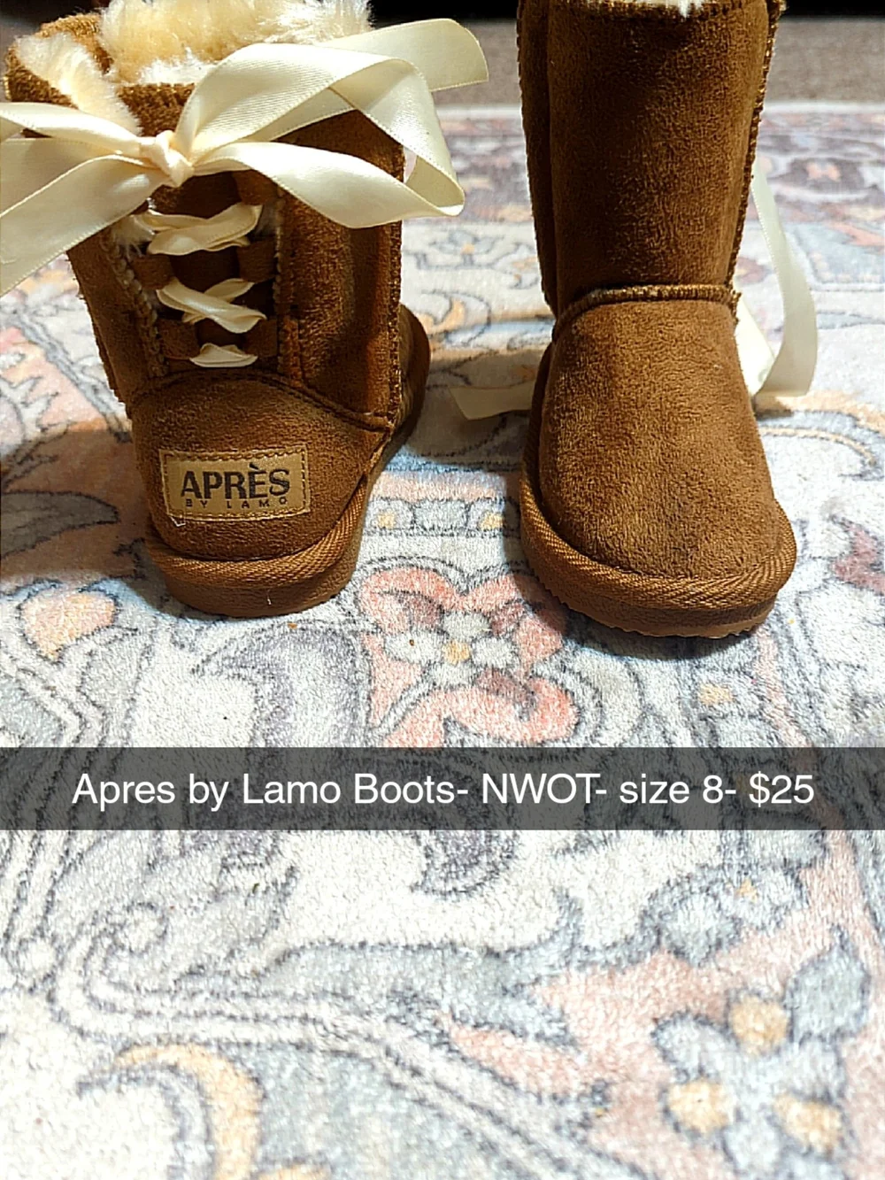Lamo Kids Brown Suede Boot with Cream Ribbon Trim